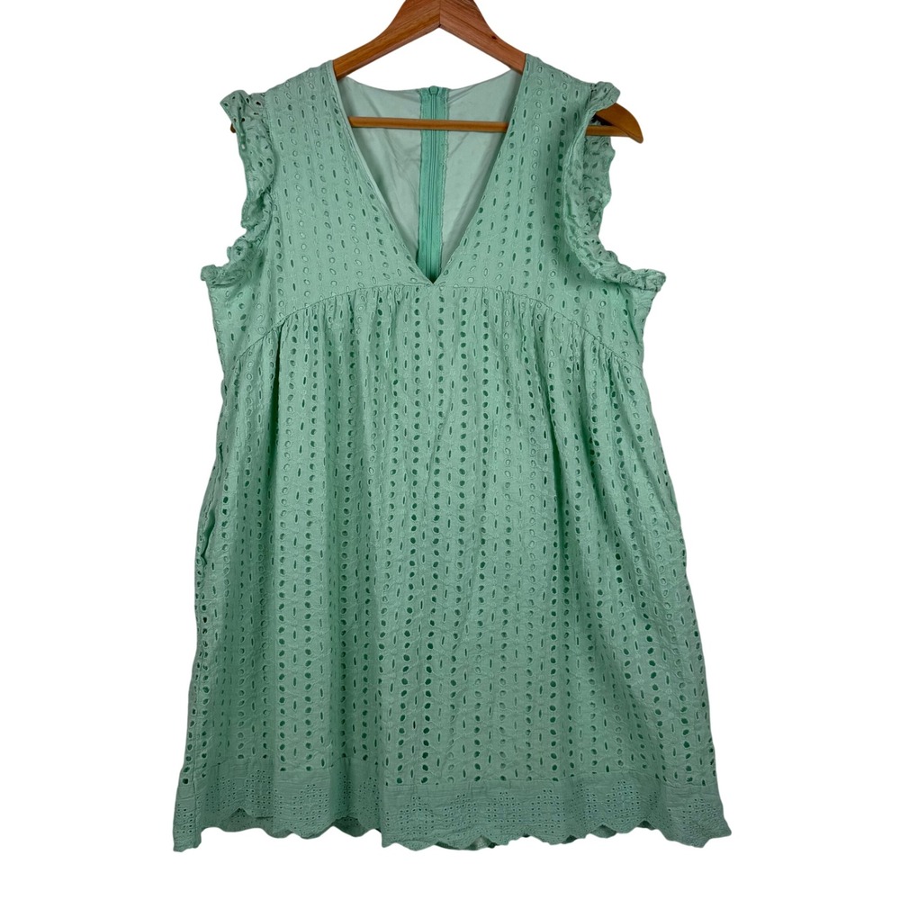 Unbranded Eyelet Babydoll Dress Women‎ L Mint Green Ruffle Sleeve V-Neck Mini